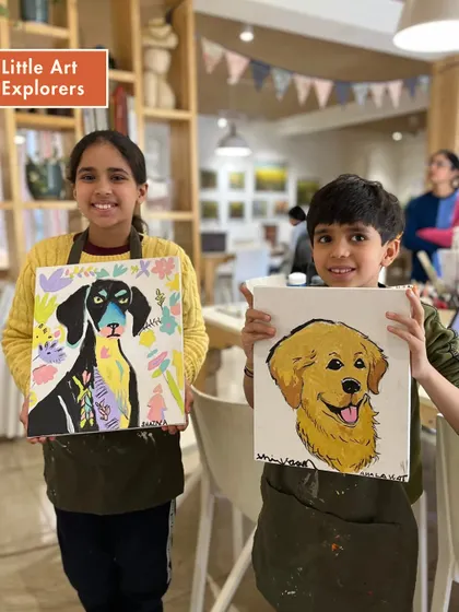 I love seeing the pride on our Little Art Explorers' faces. These two created their own colorful dog portraits during a drop-in painting session, each one with its own unique personality.