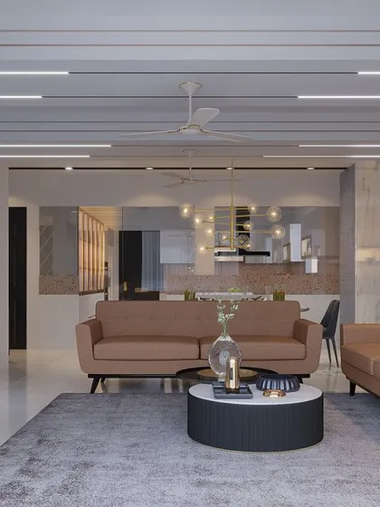 A wider view of the living room concept, showing the open-plan layout that connects to the kitchen, making the entire space feel cohesive.