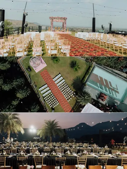 An aerial and wide view of a spectacular outdoor wedding venue, showcasing the mandap, reception setup, and stunning natural landscape.