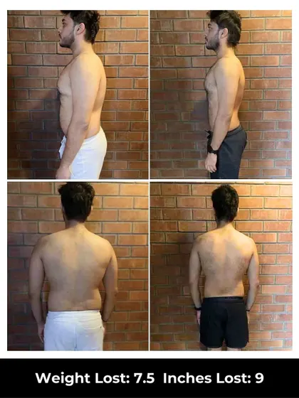 Satvik's 6-week transformation resulted in a 7.5 kg weight loss and a 9-inch reduction. He attributes his progress to the comprehensive commitment to discipline that our program instills.
