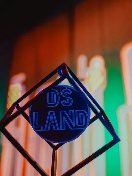 A close-up of the personalized 'DS LAND' branding for the event. We create custom logos and signage to ensure every party feels completely unique.