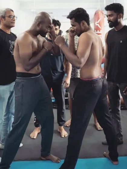 The face-off for the WBC Muay Thai national qualifiers between our fighter Ashwin and his opponent.