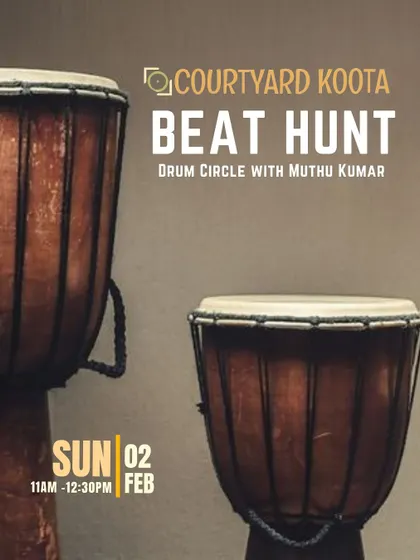 Another poster for the "Beat Hunt" drum circle, emphasizing the raw, rhythmic energy of the event. Our outdoor and indoor spaces are perfect for such interactive and high-energy community music sessions.