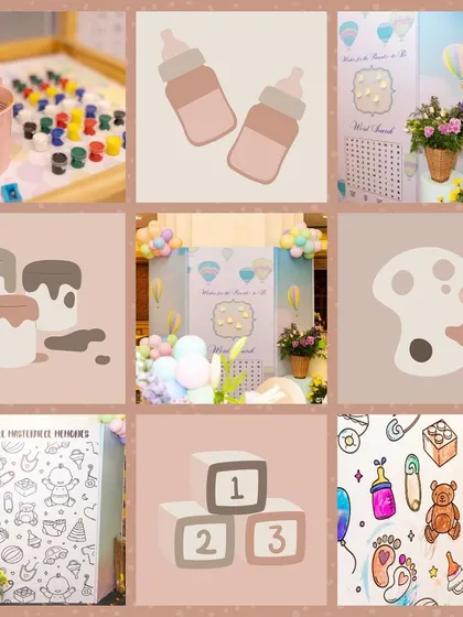 A collage of the fun and interactive games at the baby shower. I included activities like a giant coloring canvas and word searches to keep guests entertained and create shared memories.
