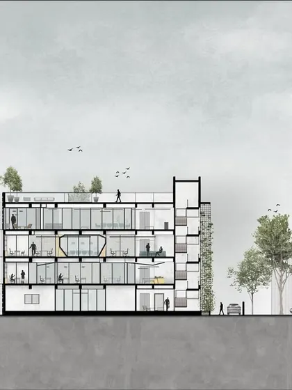 A section drawing of the Chennai office building reveals the internal spatial organization. It shows how the different floors are programmed and how the green facade and unique structural elements are integrated throughout the building.