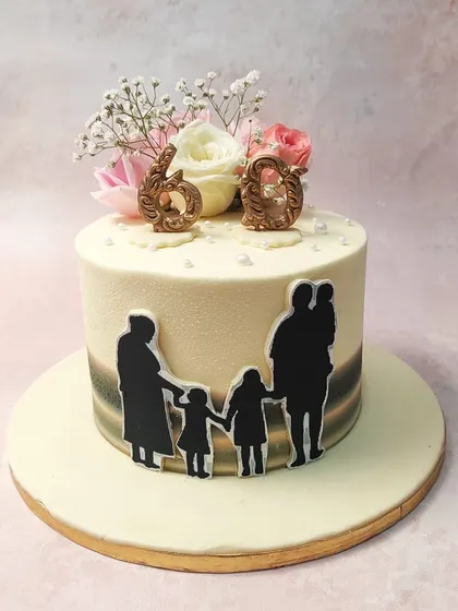 We celebrate the bonds of family with this beautiful silhouette cake. A touching scene of a multi-generational family is depicted against a modern ombre backdrop, topped with fresh flowers to honor a 60th birthday or anniversary.