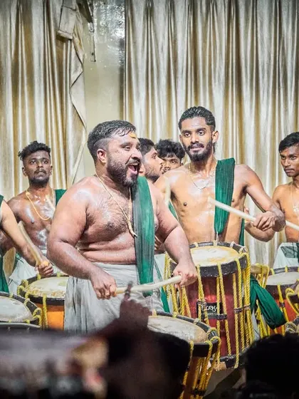 The peak moment of a performance, where the energy of the entire team comes together in a powerful crescendo. This is the raw, unfiltered passion of a live Chenda Melam.