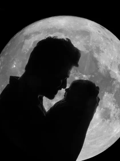 A father's gentle love, captured in a stunning silhouette against the moon. A perfect companion to the mother and child portrait.