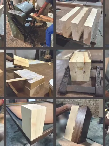 A collage showing the process of creating custom timber elements in a workshop, from raw blocks to glued, sanded, and finished pieces. This is the unseen craft behind the final building.