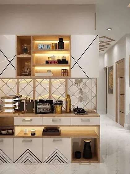 A stylish and modern crockery unit with geometric patterns on the doors. The multi-level design and integrated lighting make it a standout piece of furniture.