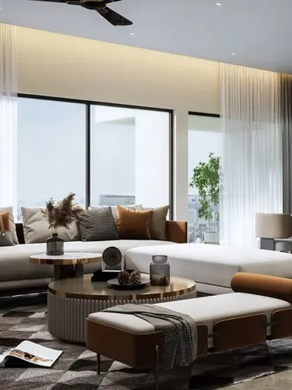A spacious and luxurious living room with a large sectional sofa, a geometric rug, and an integrated bar and display unit. This space is designed for grand entertaining.