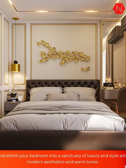 Transform your bedroom into a sanctuary of luxury and style. This design features a tufted leather headboard, gold accents, and a stunning 3D wall sculpture, blending modern aesthetics with warm, inviting tones.