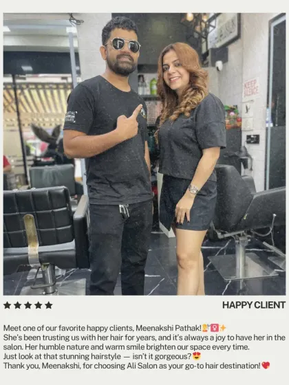 A photo with one of my favorite happy clients, Meenakshi Pathak, who has trusted me with her hair for years. Her stunning style is a testament to our great relationship.