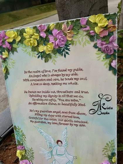 This was a very personal project, a custom poem board. I transcribed a meaningful poem for my client and framed it with soft yellow and pink sculpted roses, creating a visual representation of the heartfelt words.