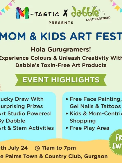 We're proud to partner with brands like Dabble PlayArt to host our Mom & Kids Art Fest. This graphic highlights the toxin-free art products and creative activities we offer, including a free Art Studio, face painting, and STEM projects.