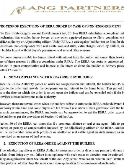 This document outlines the process of executing a RERA order if the builder fails to comply. It explains how to file a complaint for non-enforcement and the powers of the RERA authority to recover compensation as arrears of land revenue.