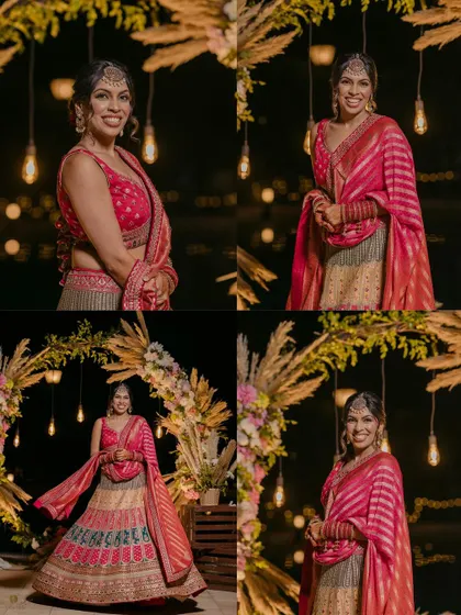 A collage of the bride's portraits from her reception night, showcasing her beautiful smile and stunning outfit from different angles.