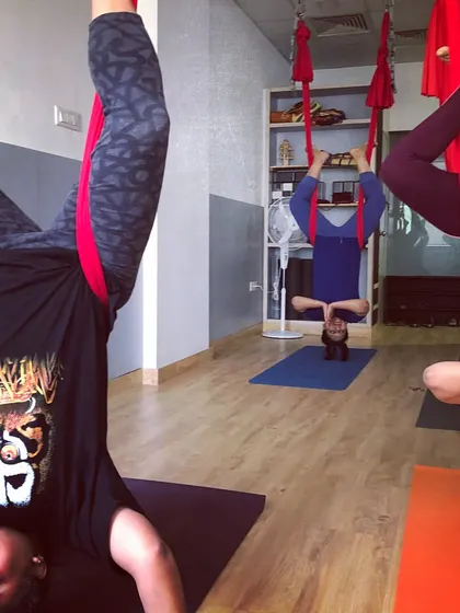 More fun from a private girls' weekend session. The laughter and smiles say it all. Contact me to book your own unique aerial yoga party.