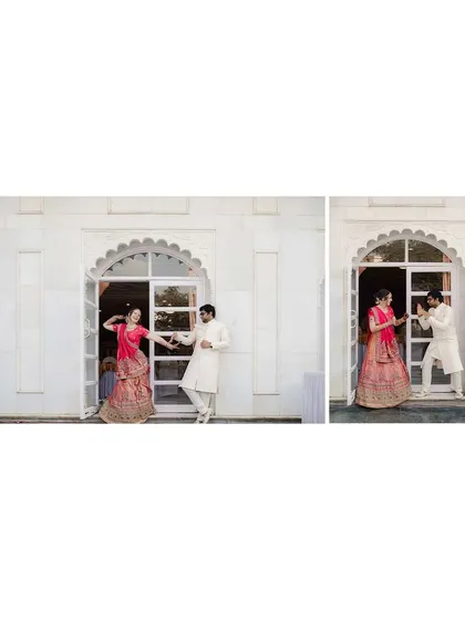 Framed by an elegant arched doorway, Amanda and Ankur share a dance. This diptych captures the movement and interaction between them, telling a small story in just two frames.