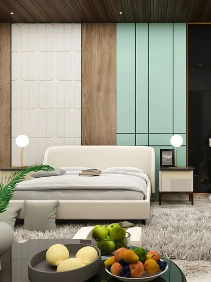 This bedroom design explores a mix of materials, including wood, textured white panels, and mint green accent walls. The goal is to create a visually interesting space with a fresh, contemporary feel.