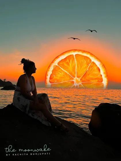 A surreal sunset in Goa. I replaced the sun with a giant, glowing orange slice in this photo illustration, playing with light and imagination.