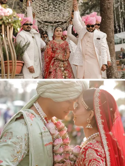 A collage of the bride's entry and an intimate couple portrait from a lakeside wedding.