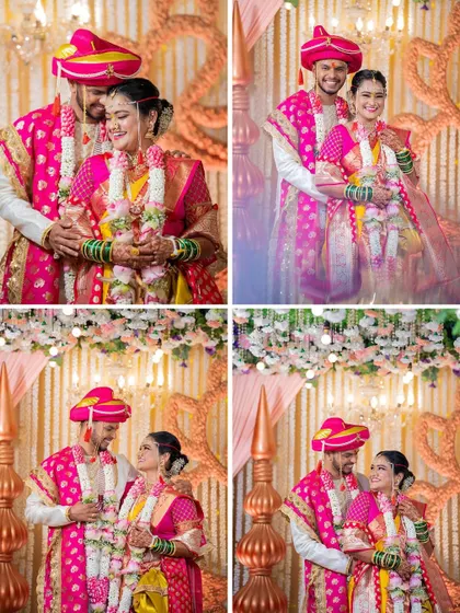 A collage of a Maharashtrian couple in vibrant pink and yellow outfits, showing their loving interactions during the wedding ceremony.