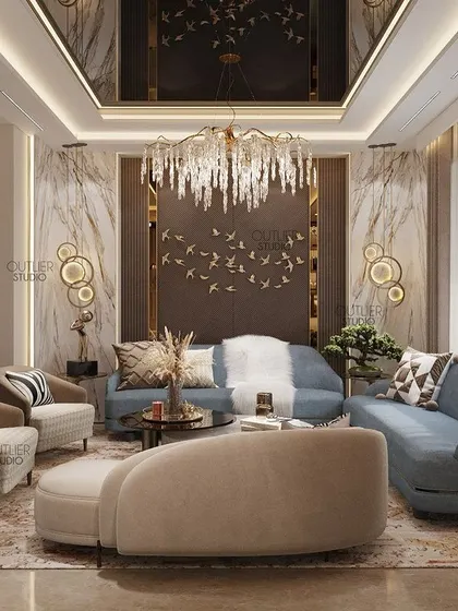 Maximizing style in a compact space. This living room uses clever furniture placement, a statement marble wall, and a mirrored ceiling to create an illusion of spaciousness without sacrificing luxury.