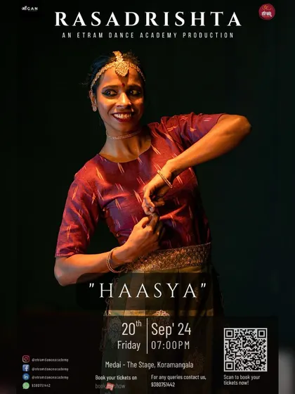 The 'Haasya' rasa, or the emotion of joy and laughter, is beautifully captured by a smiling dancer in this 'Rasadrishta' promotional image.