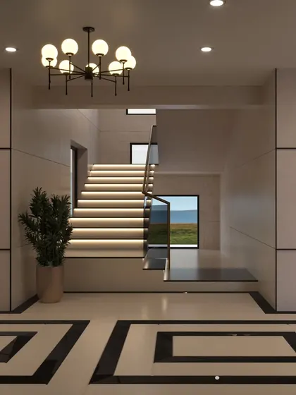 This render shows a grand entrance lobby with a floating staircase. We used integrated LED lighting in the stairs and a modern chandelier to create a dramatic and welcoming first impression. The geometric floor pattern adds to the sense of elegance.