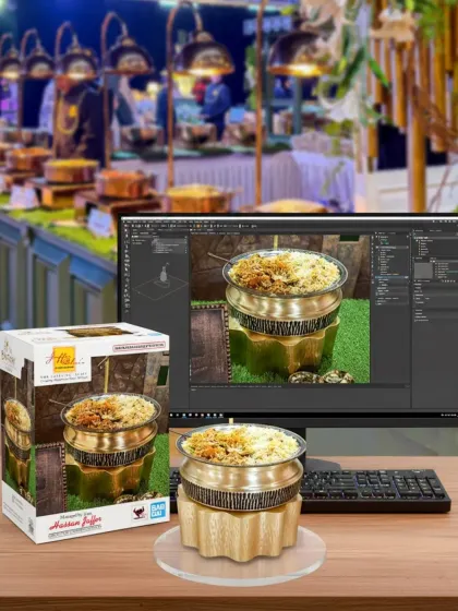 From a 3D design on a computer screen to the final product, this image shows the meticulous planning that goes into our offerings, including our takeaway biryani packaging.
