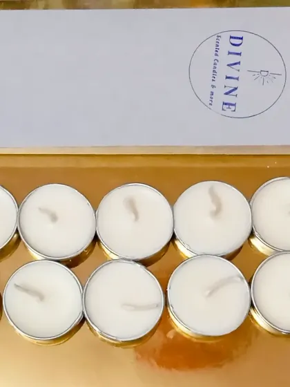 This is my standard pack of 10 Peach Soy Wax Tealights. They come in a simple, handmade box and are infused with mica for a subtle shimmer when lit.