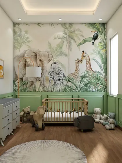 A charming nursery design featuring a jungle-themed wallpaper with friendly animals. We designed the space with a classic crib and a matching chest of drawers in a soft green and white palette.