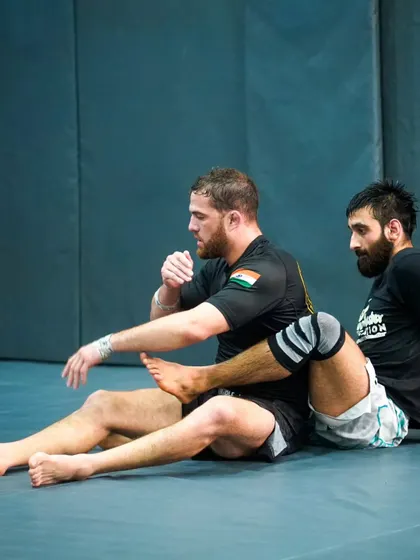 Two advanced practitioners drilling leg lock entries. We stay on the cutting edge of grappling techniques to give our fighters an advantage.