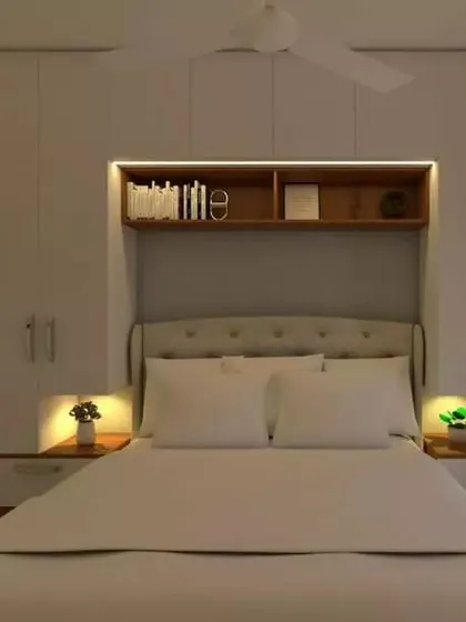 A duplicate of image 117, showing the master bedroom with a bookshelf headboard.