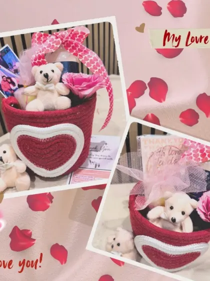 A collage showing my romantic Valentine's hamper. The red woven basket, teddy bears, and rose petals create a perfect atmosphere of love.