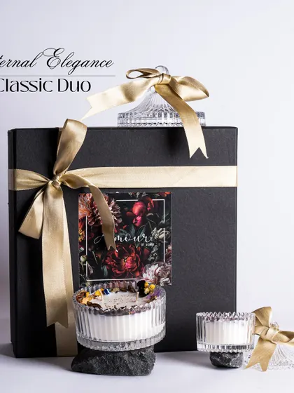 My 'Eternal Elegance: Classic Duo' gift set, featuring two stunning crystal jar candles in a premium black box. This is the epitome of luxury and charm, perfect for a sophisticated gift.