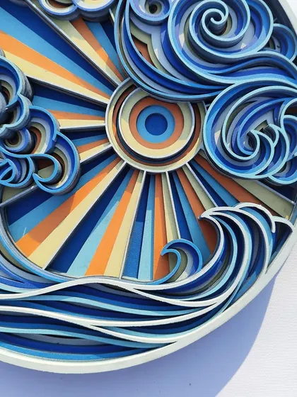 Our Sea Wave layered art, viewed from the side, showcases the dozens of layers that create its dynamic, swirling effect.