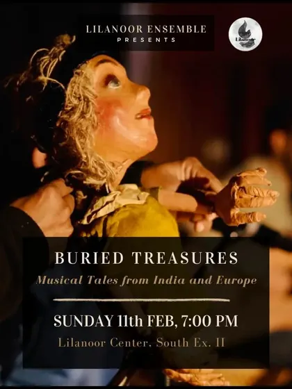 A striking poster for 'Buried Treasures', featuring a close-up of one of our expressive puppets. The image hints at the artistry and emotion woven into our musical tales.