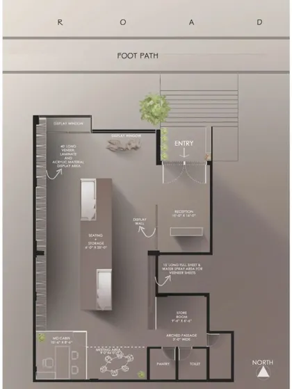 The floor plan for the veneer showroom, designed to guide visitors through a sequence of spaces that showcase the products in different applications.