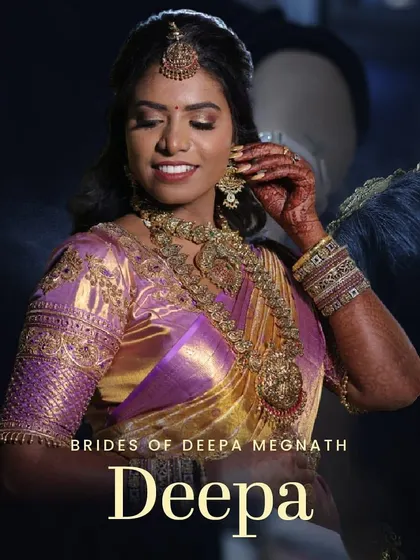 A portrait of my beautiful bride Deepa, showcasing her traditional South Indian Muhurtham look. The focus is on her radiant smile and the stunning temple jewellery that completes her ensemble.