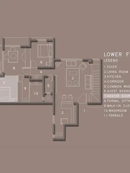 The floor plan highlighting the master bedroom and an adjoining formal seating area in a duplex, demonstrating how we create multi-functional private zones.