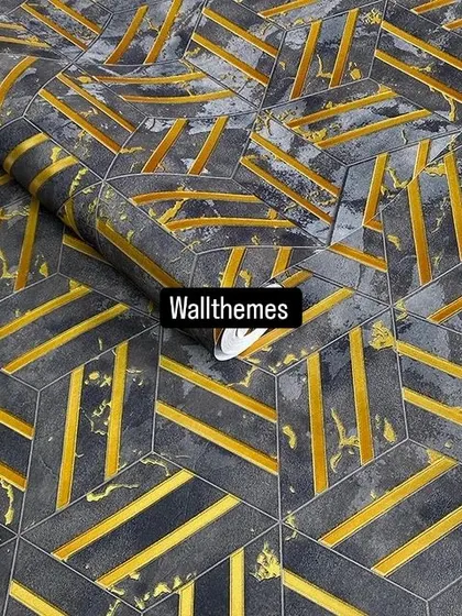 A dark charcoal grey wallpaper with a geometric pattern and gold marbling accents, perfect for a dramatic look.