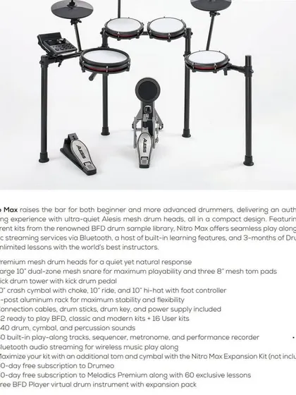 An overview of the new Alesis Nitro Max 8-piece electronic drum kit. This graphic details its features, including ultra-quiet mesh heads and a vast library of BFD drum sounds.