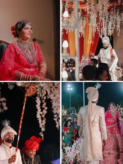 This collage follows the groom's journey and the bride's anticipation. It shows the groom's procession and the bride waiting, culminating in their meeting at the beautifully decorated wedding venue.