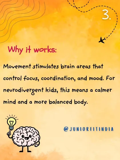 Here's why our method works. Movement stimulates key areas of the brain that control focus and mood. For neurodivergent kids, this means our activities can lead to a calmer mind and better physical balance.