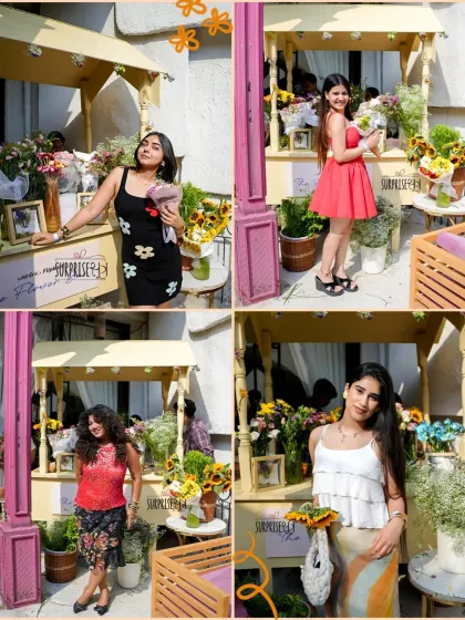 A collage showing creators enjoying the custom flower cart at the Wishlink x Flipkart event. This interactive station allowed guests to create their own beautiful bouquets to take home.