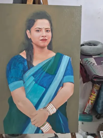 The portrait is further developed, with more details added to the face and clothing. The background is kept neutral to ensure the subject remains the primary focus.