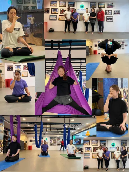 This collage captures the variety within a single aerial yoga session. It shows students in different phases of practice, from pranayama and inversions to group photos, highlighting the holistic nature of our classes.