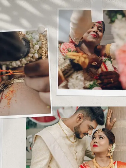 A collage of polaroid-style images capturing intimate moments from a wedding ceremony, including the tying of the mangalsutra. This artistic approach preserves memories in a unique way.